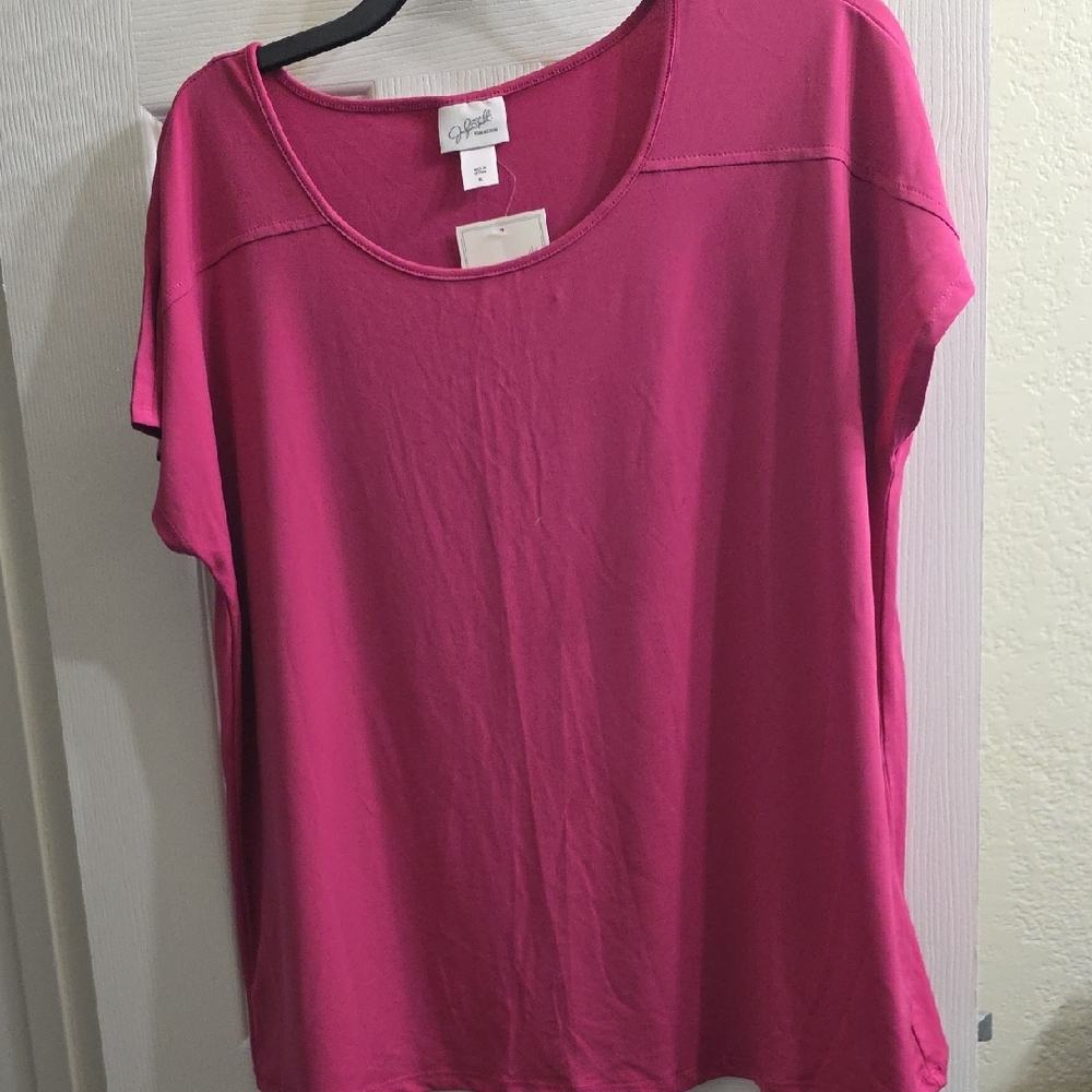 Jaclyn Smith Short Sleeve Scoop Neck Top in Bright Pink Size XL
